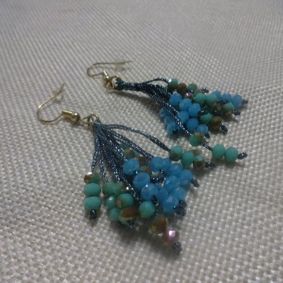Stunning "BLUE & GOLD BEADED" Handmade Dangle Earrings #107B - Picture 1 of 3